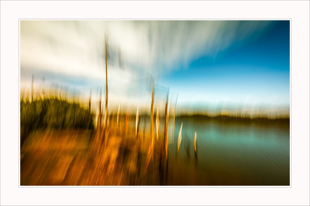 A blurred landscape featuring a calm body of water with tall, slender trees and a vibrant blue sky with clouds.